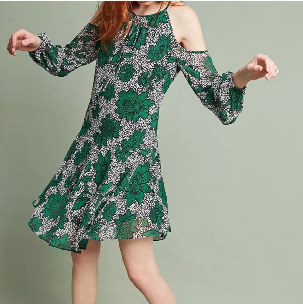 Donna Morgan Cold Shoulder Green Floral Dress Size 2